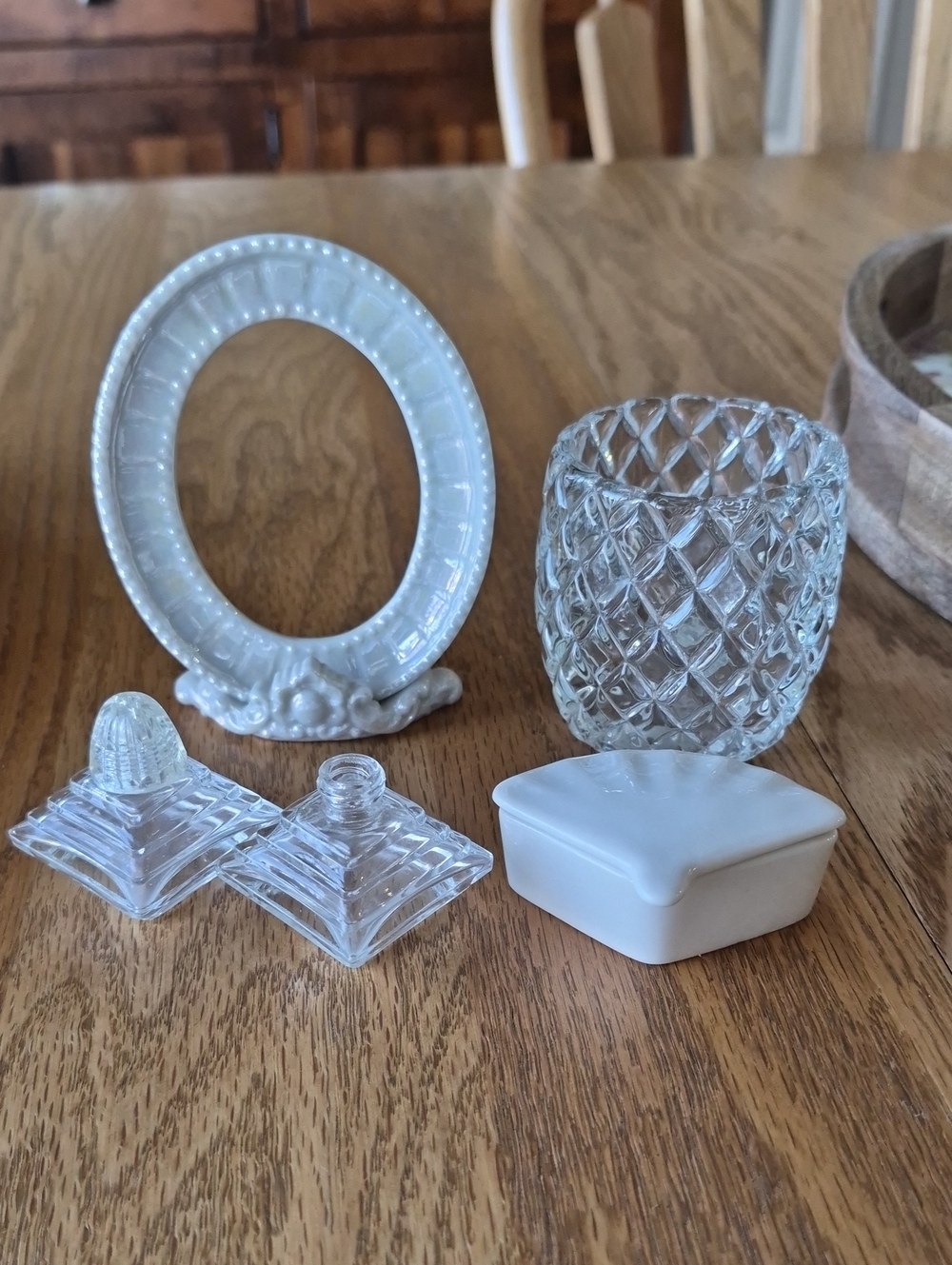 White Porcelain Trinket Box & Crystal Homco Candle Holder Bundle